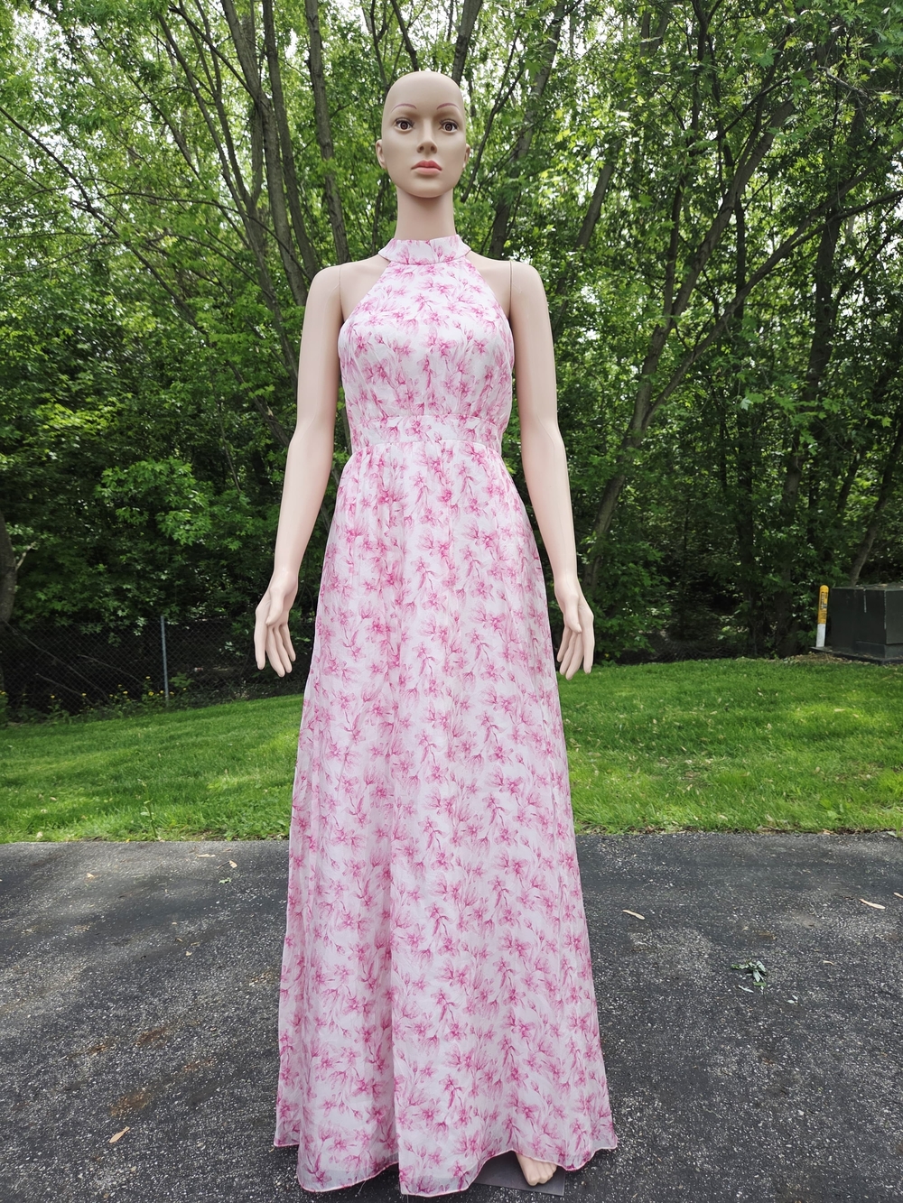 Halter Neck Pink Floral Maxi Dress